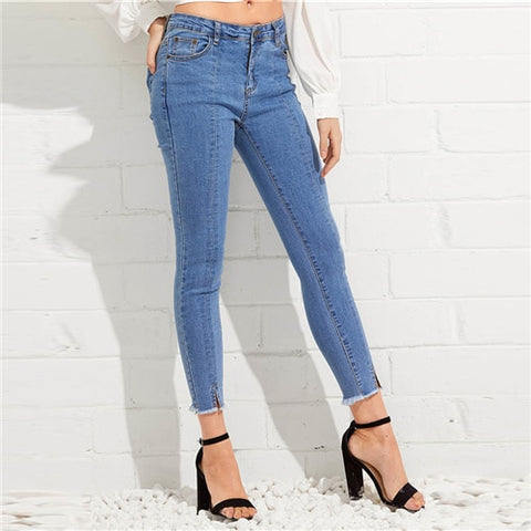 Split Skinny Jeans 2022 Summer Spring Mid Waist Button Fly Crop Jeans Women Blue Casual Stretchy Denim Pants
