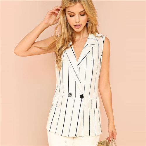 Striped Office Ladies Workwear Blazer Double Breasted Pocket Front Notched  Work Women Elegant Blazer