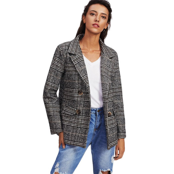 Wales Plaid Tweed Blazer Grey Notch Lapel Double Breasted Fitted Blazer Women Elegant Work Autumn Outerwear