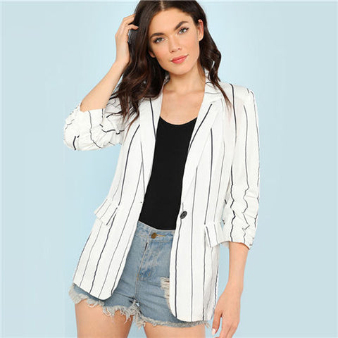 White Striped Office Ladies Workwear Elegant Blazer Long Sleeve Single Button Minimalist Coat 2022 Autumn Women Blazer