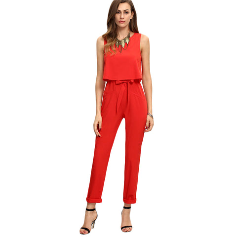Women Red Sleeveless Bow Tie Waist Jumpsuits Sexy 2022 New Arrival Crew Neck Ladies Work Elegant Jumpsuit