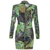 [Shesrim] Fitted Structure Sequined Blazer Mini Dress Green Multi-colored Body Sculpting Design V-Neck Clubwear