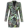 [Shesrim] Fitted Structure Sequined Blazer Mini Dress Green Multi-colored Body Sculpting Design V-Neck Clubwear