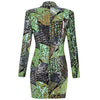 [Shesrim] Fitted Structure Sequined Blazer Mini Dress Green Multi-colored Body Sculpting Design V-Neck Clubwear