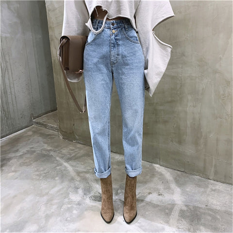 Shin Light Blue Vintage Straight Jeans 2022 Loose High Waist Pants Women Streetwear For Buttons Zipper Jeans Femme Trouser
