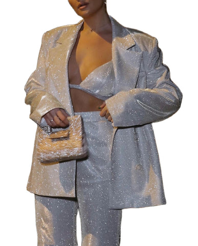 Shiny Bright Silk Oversized Blazer Women Sexy Club Night Party Suits Elegant Lady Commute Thin Blazers Coats Outfits