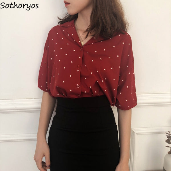 Shirts Women Chiffon Long Sleeve Single Breasted Polka Dot Notched Womens Loose Retro Trendy Shirt Korean Style Simple Blouses