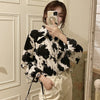 Shirts Women Milk Cow Pattern Turn-down Collar Shirt Womens Elegant Retro Loose Casual All-match Tops Chic Breathable