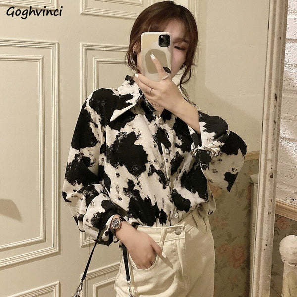 Shirts Women Milk Cow Pattern Turn-down Collar Shirt Womens Elegant Retro Loose Casual All-match Tops Chic Breathable