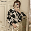 Shirts Women Milk Cow Pattern Turn-down Collar Shirt Womens Elegant Retro Loose Casual All-match Tops Chic Breathable