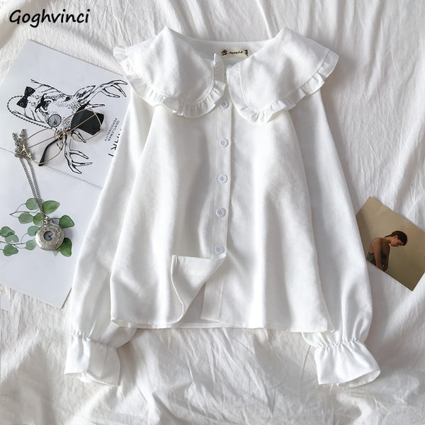 Shirts Women Peter Pan Collar Korean Style Trendy Students Kawaii Lovely Daily Streetwear Womens Casual Blouses