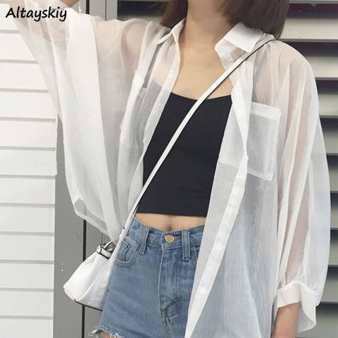 Shirts Women Summer Thin Chiffon Soft Breathable Sheer See-through Full Blouses Basic All-match Female Chic Loose New