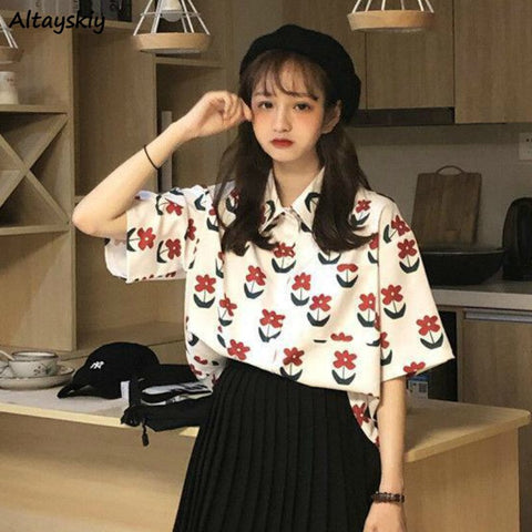 Shirts Women Trendy Korean Style Chic Ladies Top Friends Short Sleeve Summer Ins Floral Stylish Female Blouse Loose Harajuku