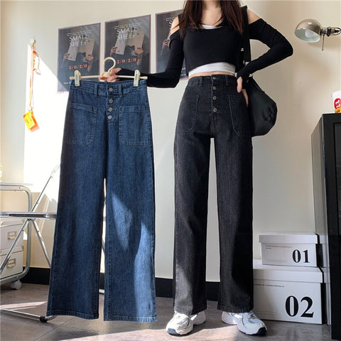 Shnsoph Fall 2022 Vintage Jeans Woman High Waist Long Blue Denim Pants Straight Loose Female Pocket Korean Jeans Ladies Trousers