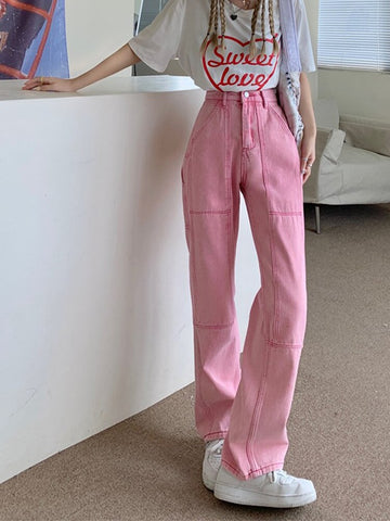 Shnsophi Korean  Pink Jeans Vintage Trousers Fall 2022 Women High Waist Loose Straight Wide Leg Pants Denim Jeans Mom