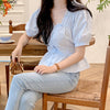 Short Chic Tops Summer Puff Sleeve Slim Waist Peplum Lace-Up Bow Tie Ruffled Shirt Blouse Women Top Korean Japan Flhjlwoc Cute