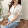 Short Chic Tops Summer Puff Sleeve Slim Waist Peplum Lace-Up Bow Tie Ruffled Shirt Blouse Women Top Korean Japan Flhjlwoc Cute