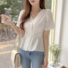 Short Chic Tops Summer Puff Sleeve Slim Waist Peplum Lace-Up Bow Tie Ruffled Shirt Blouse Women Top Korean Japan Flhjlwoc Cute