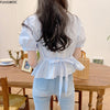 Short Chic Tops Summer Puff Sleeve Slim Waist Peplum Lace-Up Bow Tie Ruffled Shirt Blouse Women Top Korean Japan Flhjlwoc Cute