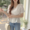 Short Chic Tops Summer Puff Sleeve Slim Waist Peplum Lace-Up Bow Tie Ruffled Shirt Blouse Women Top Korean Japan Flhjlwoc Cute