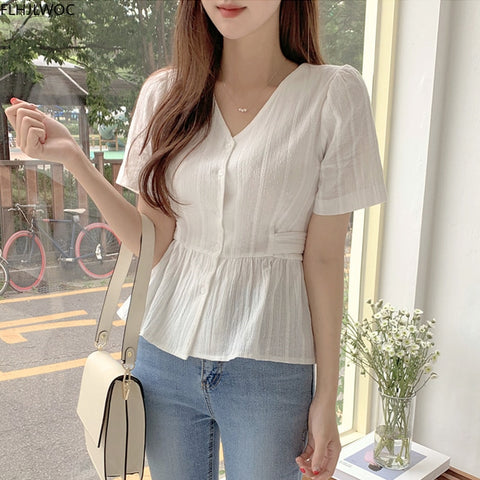 Short Chic Tops Summer Puff Sleeve Slim Waist Peplum Lace-Up Bow Tie Ruffled Shirt Blouse Women Top Korean Japan Flhjlwoc Cute