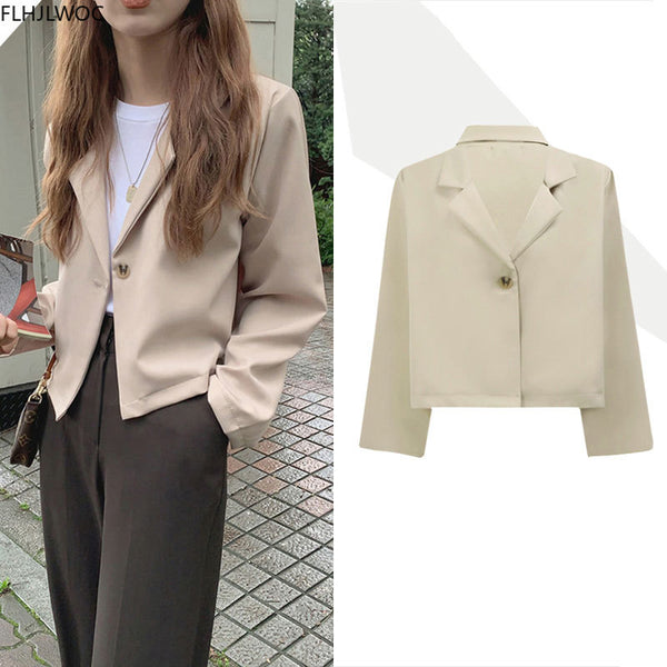 Short Coat Outerwear 2023 Fall Autumn Spring Long Sleeve Chic Korean Office Lady Women Work Solid Black Crop Blazer