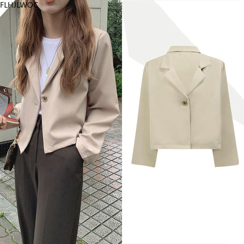 Short Coat Outerwear 2022 Fall Autumn Spring Long Sleeve Chic Korean Office Lady Women Work Solid Black Crop Blazer
