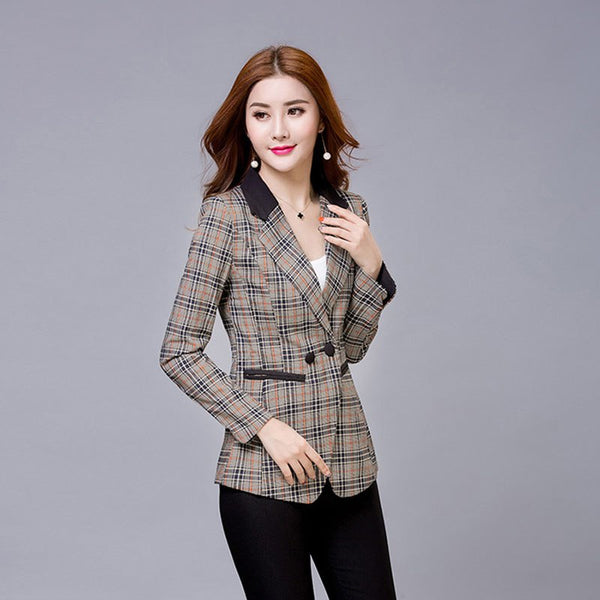 Short Office Women Jacket Blazer Casual Plaid Elegant Jacket Formal Coat Gri Blazer Women Plus Size Thin Coat Work Wear X60056