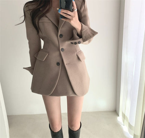 Short Skirt Suit Woolen Coat Female Autumn and Winter Thickening Korean Casual Slim Woolen Blends Blazer Jacket 2022 K1060