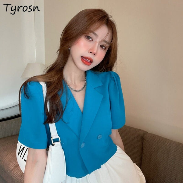 Short Sleeve Blazers Women Design Summer All-match Straight Chic Temperament Outerwear Korean Style Streetwear Crop Tops