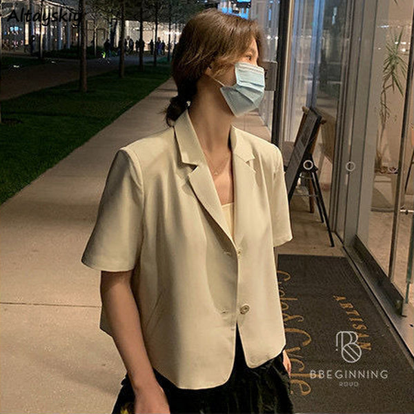 Short Sleeve Blazers Women Single Breasted Solid Simple Version Minimalist Style Mujer Trendy Chic Leisure All-match Students