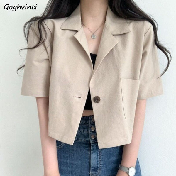 Short Sleeve Blazers Women Solid Crop Thin Summer Cool Streetwear Daily Ulzzang Casual Trendy Basic All-match Ins College Young