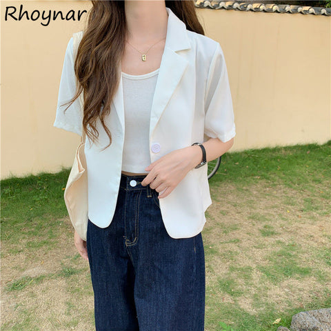 Short Sleeve Blazers Women Summer Elegant Single Breasted Solid Notched All-match Simple Female Cropped Outwear Ins