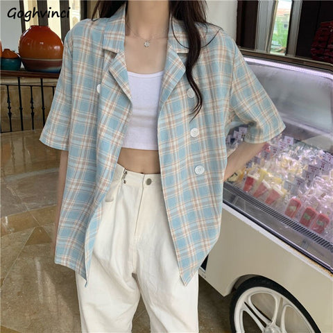 Short Sleeve Plaid Blazers Women Thin Korean Style Casual Minority Street Vintage All-match Loose Design Summer Chic