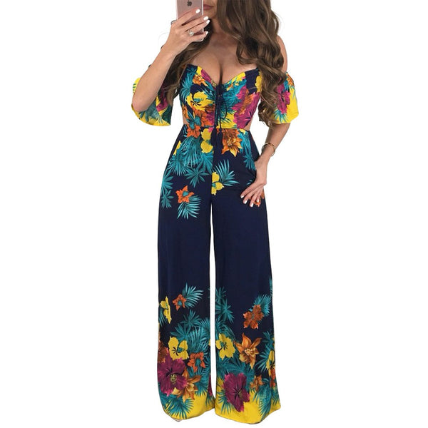 Short Sleeve Strapless Wide Leg Playsuit Sexy Women Floral Print Backless One Piece Long Jumpsuit Plus Size Enteritos Mujer
