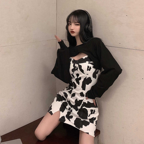 Short Sweater for Women 2022  Spring and Summer Korean Style Ins Design Sense Cows Pattern Strap Dress able Short