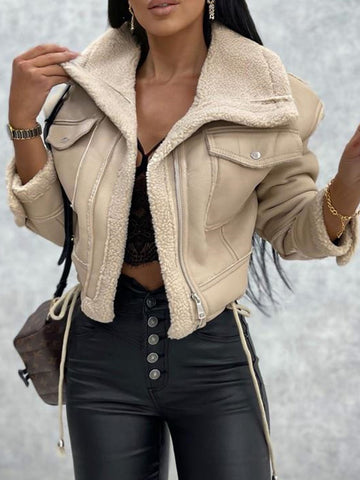 Short Winter Faux Leather Jackets Women Thicken Lapel Velvet Coat Casual Warm Black Outerwear Female Vintage Streetwear