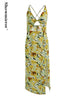 Showmirror Summer Floral Print Twist Cut Out Midi Dress Women Holiday Strap Slit Sundress Party Club Backless Dresses Clothes