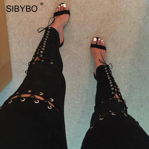 Faux Suede Cross Lace Up High Waist Leggings Women Sexy 7 Colors Long Slim Fitness Legging Party Club Legings