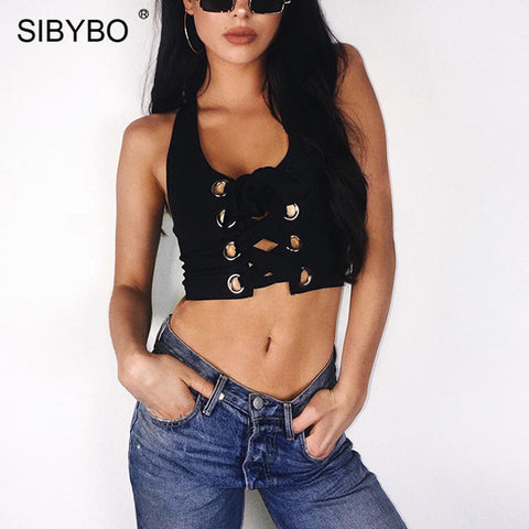 Lace Up Halter Sexy Tops for Women Fashion U Collar Sleeveless Bandage Short Crop Top Women Slim Summer Tank Top Women