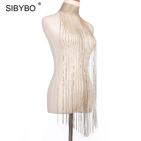 New Halter Shiny Rhinestones Tassels Crop Top Diamond Chic Party Club Cloak Decroative Sexy Women Flash Top Women