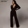 Sexy Chic Deep V Neck Long Jumpsuit Loose Belt Jumpsuit Women Spring Summer Women Rompers Playsuit Overalls