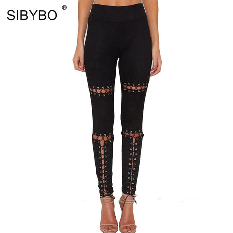 Suede Leather Pants 2022 New Autumn High Waist Lace Up Stretch Skinny Bodycon Pencil Leggings Pants Bandage Pants Women