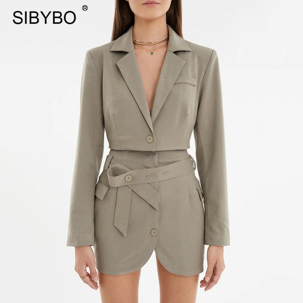 Sibybo Two Piece Sets Blazer And Skirt 2022 Autumn Women Notched Collar Cropped Blazer Black Mini Skirts Femme Casual Outfits