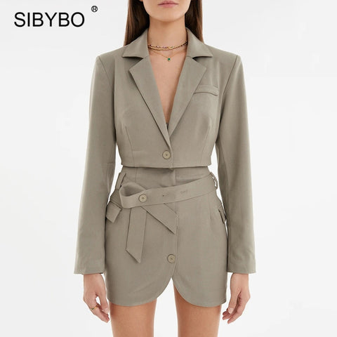 Sibybo Two Piece Sets Blazer And Skirt 2022 Autumn Women Notched Collar Cropped Blazer Black Mini Skirts Femme Casual Outfits