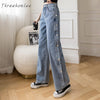 Side Breasted Women's Jeans Summer  Straight Loose Casual Denim Pants High Waist Slim Versatile Jeans