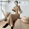 Side Split Knitting Dress Woman High Collar Winter Gray Chic Elegant Long Sweater Dresses Korean Single Breasted Knitwear