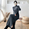 Side Split Knitting Dress Woman High Collar Winter Gray Chic Elegant Long Sweater Dresses Korean Single Breasted Knitwear