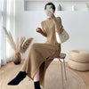 Side Split Knitting Dress Woman High Collar Winter Gray Chic Elegant Long Sweater Dresses Korean Single Breasted Knitwear