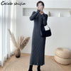 Side Split Knitting Dress Woman High Collar Winter Gray Chic Elegant Long Sweater Dresses Korean Single Breasted Knitwear